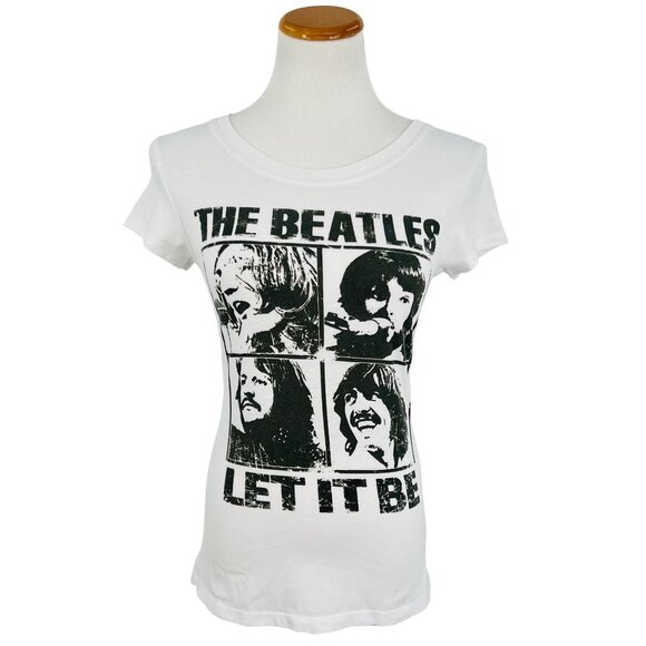 The Beatles Tops - The Beatles 2012 Black & White “Let It Be” Graphic Print Fitted T-Shirt Top